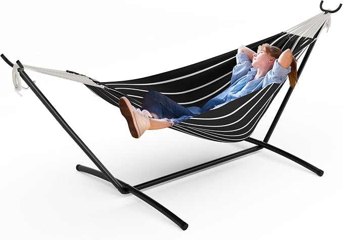 Double Cotton Hammock with Steel Stand for Outside, Brazilian Style 450lbs Capacity Portable Indoor Outdoor Lounger with Carry Bag, 2-Person Capacity, Ideal for Backyard, Garden, Camping, Onyx