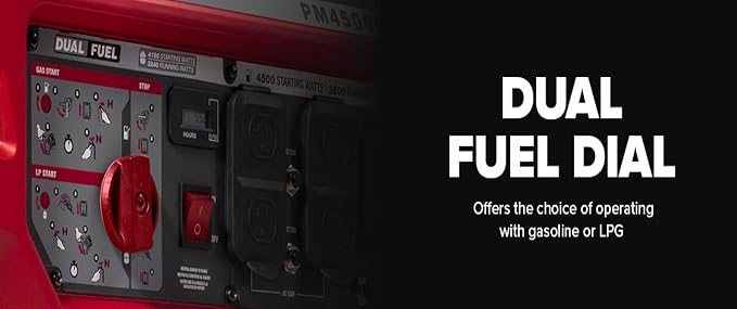 Powermate PM4500 4,500-Watt Dual-Fuel Compatible Portable Generator - Gas and Propane - COsense Technology - Reliable Power Solution for Home, Camping, and Emergency Backup - 49 State/CSA - Red/Black