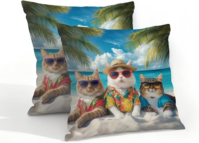 18x18 Inch Outdoor Pillow Covers Set of 2 Waterproof Throw Pillow Covers Decorative Couch Cushion Covers Beach Cats with Sunglasses Square Pillowcases Protectors for Patio Garden Sofa