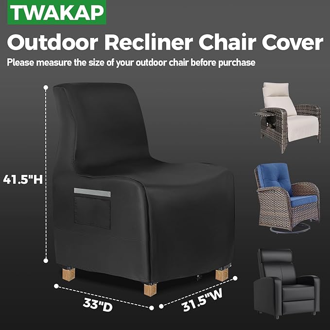 Outdoor Recliner Chair Covers, 600D Heavy Duty Outdoor Patio Chair Covers Waterproof, 31.5" W x 33" D x 41.5" H Lawn Patio Furniture Covers for Recliners, Black