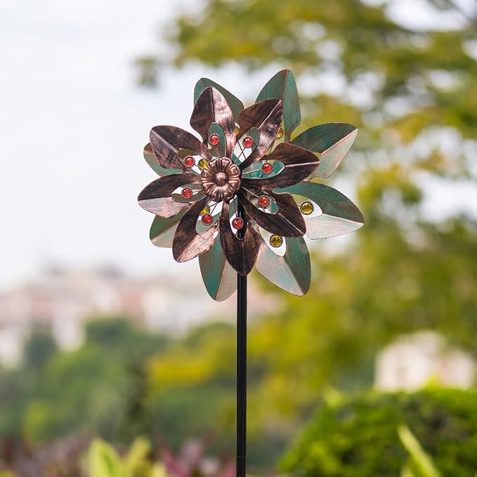 VEWOGARDEN Wind Spinners Outdoor with 2 Blades, Metal Kinetic Wind Spinner with Flower Design for Yard Garden Lawn Decorations