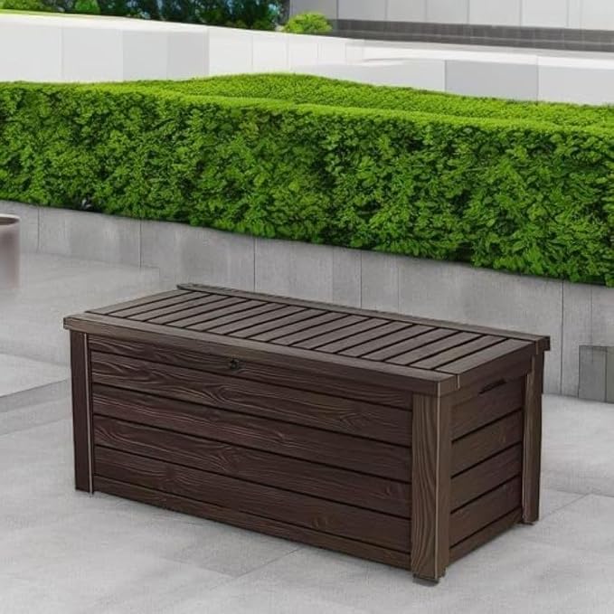 150-gallon Outdoor Storage Deck Box Resin Patio Bin Waterproof Container with Wood Grain Design Multipurpose Bench for Garden Yard Pool Accessories Cushion Storage, Brown