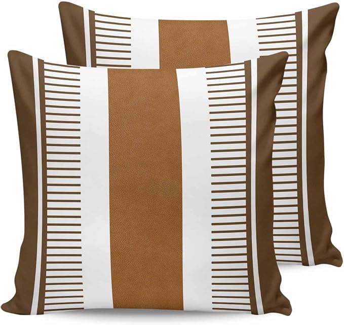 Outdoor Waterproof Throw Pillow Covers 24x24in, Boho Brown Farmhouse Cushions for Garden Patio Furniture Chairs Set of 2, Stripes and Leather Texture Home Decor Couch Sofa Polyester Pillow Cases