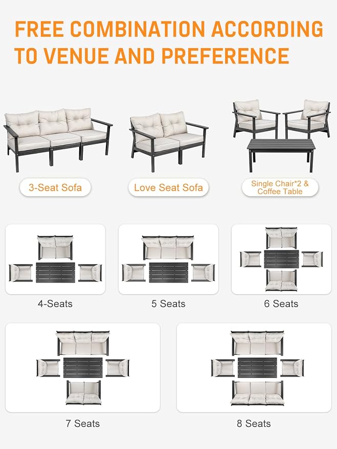 HDPE Patio Conversation Set 5 Seats, Outdoor Furniture Set, Patio Sofa Set | Water-Resistant Thick Cushion, HDPE All Weather, Wood-Grain, No Rot or Rust or Crack, UV Fade Shield, Easy-Clean for Outside