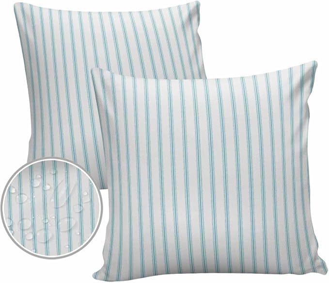 Outdoor Waterproof Throw Pillow Covers 24x24in, Turquoise Striped Cushions for Garden Patio Furniture Chairs Set of 2, Geometric Line Home Decor Couch Sofa Polyester Pillow Cases
