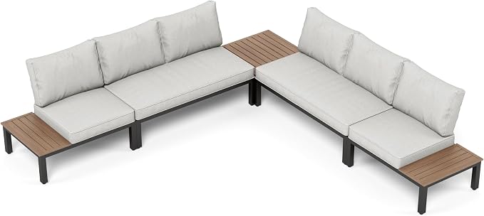 PHI VILLA 5 Pieces Outdoor Patio Furniture Set,Metal Frame Modern Outdoor Sectional Sofa Set,6 Seats Patio Conversation Sets with Coffee Table&Thickened Cushion,for Poolside and Backyard,Light Grey