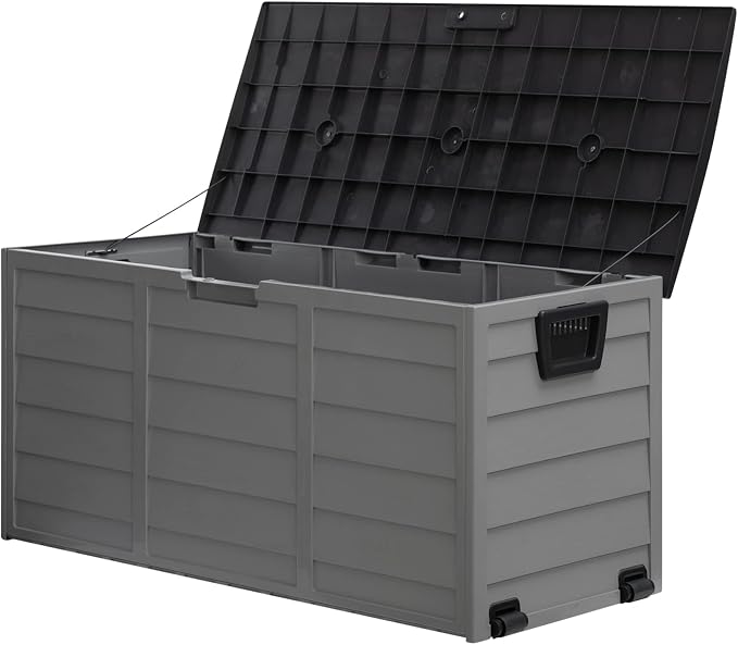 ALIMORDEN Lightweight Resin Deck Box for Patio Furniture, Pool Accessories, and Storage for Outdoor Toys,Large Bin Store Backyard, Home Organization,Grey