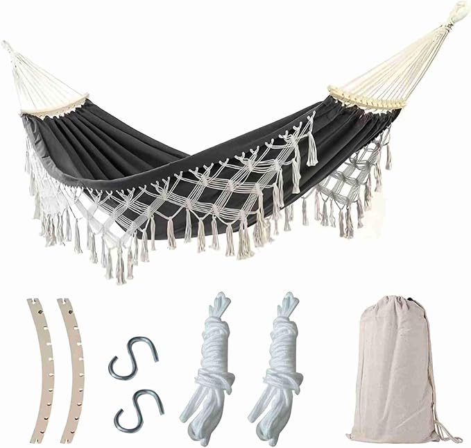 Canvas Hammock, 2 Person Foldable Hanging Swing Hammock with Tassels for Beach Yard Bedroom Patio (Black)