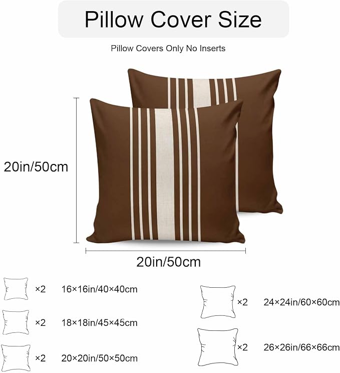 Vandarllin Outdoor Throw Pillows Covers 20x20 inch Set of 2 Waterproof Brown Vertical Stripes Decorative Zippered Cushion Covers for Patio Furniture, Classic Striped Linen Lumbar Pillowcases