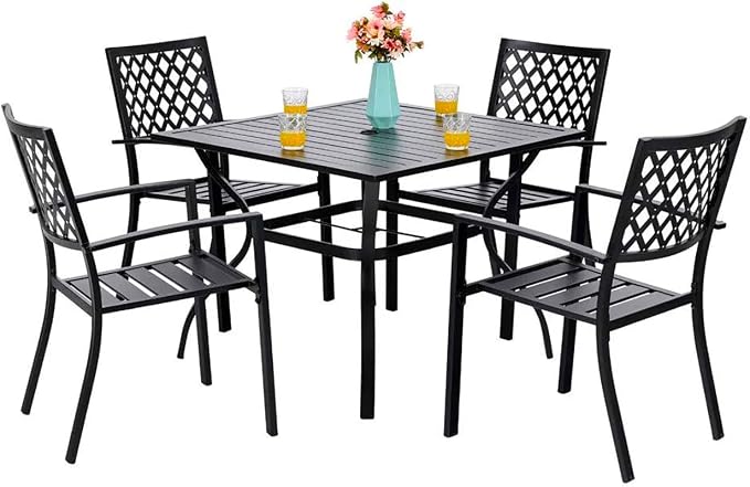PHI VILLA Patio Dining Set, Stackable Chairs&37" Square Table | 37" Square Table & Stackable Iron Chairs, Large Furniture Set for Porch, Deck, Yard