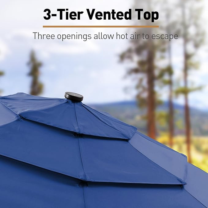 11FT 3 Tiers Patio Umbrella for Outside, Outdoor Umbrella with Solar LED Lights, Market Patio Table Umbrella with 8 Sturdy Ribs, Pool Umbrella for Garden, Pool, Backyard, Navy Blue
