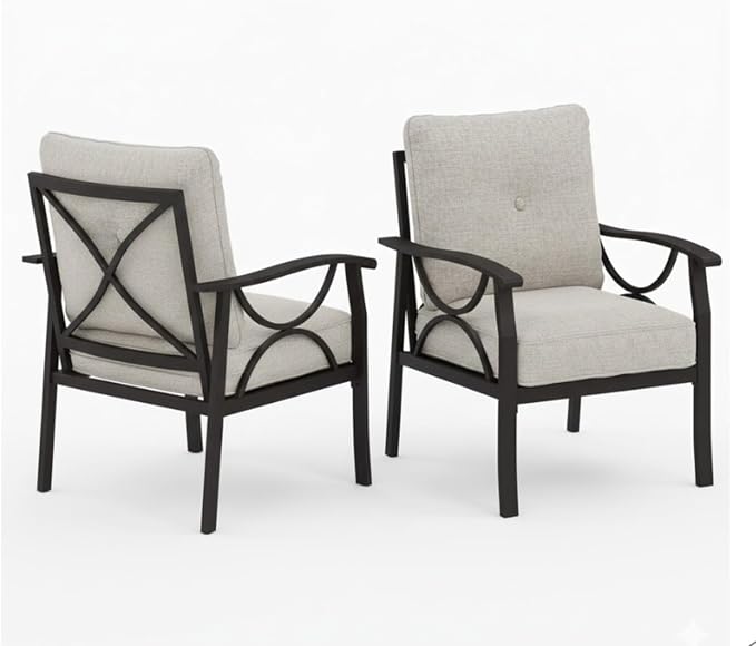 Hassyee 2 Pieces All-Weather Metal Outdoor Conversation Set with Coffee Table and Removable Cushions for Balcony, Patio Furniture Set with Modern Curved Design for Backyard, Lawn (2 Chairs)