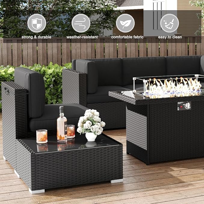 LayinSun 8 Pieces Patio Furniture Set with Fire Pit Table, Black Rattan Modular Sectional Patio Conversation Sofa Set