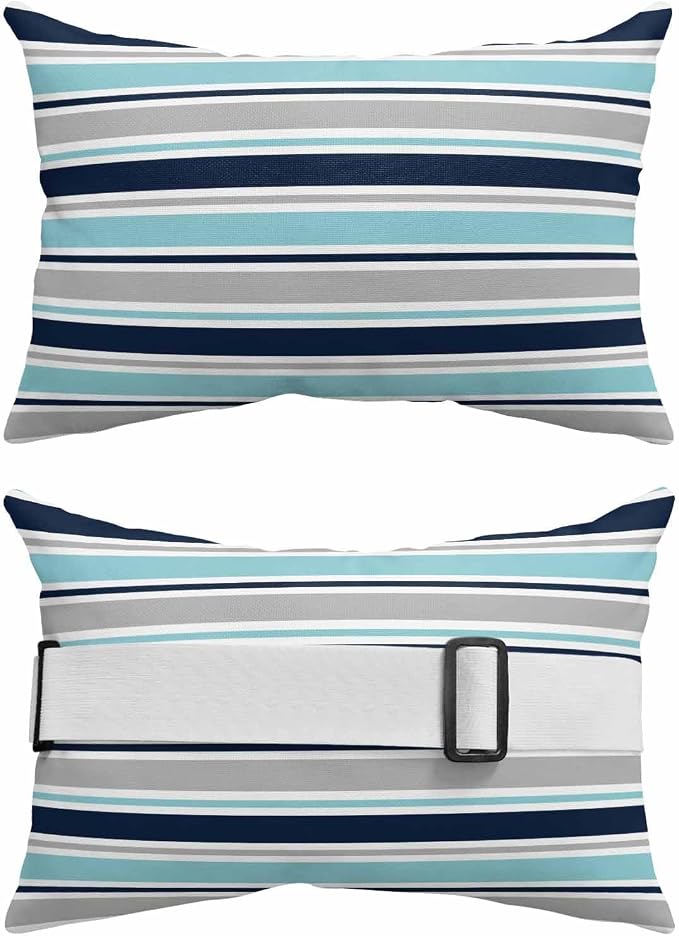 Pack of 2 Outdoor Lumbar Pillow Covers 12x20 Inch, Grey Blue Striped Waterproof Throw Pillow Covers Set, Farmhouse Stripes Abstract Art Navy Blue Outside Decorative Cushion Cases for Patio Porch Car
