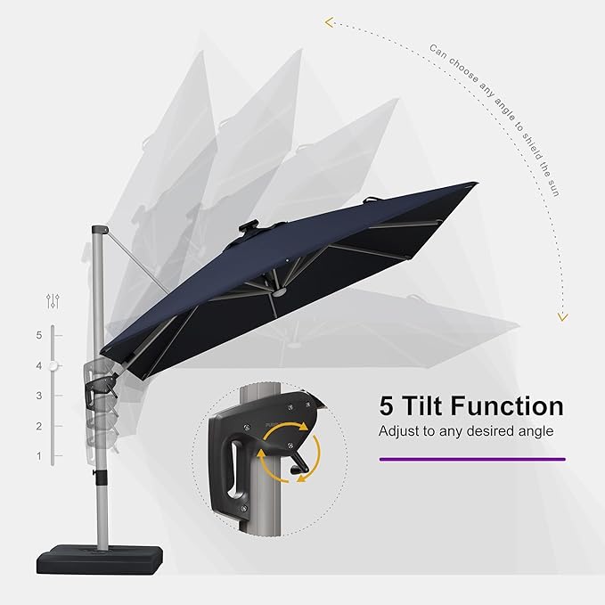 PURPLE LEAF 9 Feet Patio Umbrella with Lights Outdoor Square Cantilever Umbrella Solar Powered LED with 360-degree Rotation for Garden Deck Pool Patio, Navy