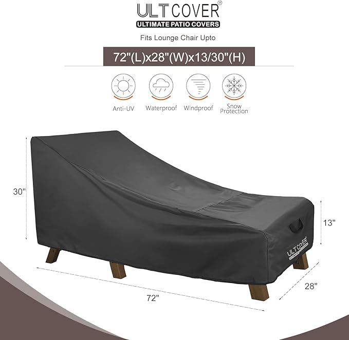 ULTCOVER Waterproof Patio Lounge Chair Cover Heavy Duty Outdoor Chaise Lounge Covers - 72L x 28W x 30H inch, Black