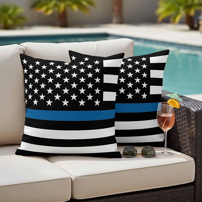Blue Outdoor Waterproof Throw Pillow Covers Set of 2, 20"x20", Line Flag American Police Flag Honoring Law Enforcement Officers Decorative Pillow Covers Outside Cushion Case for Patio Porch Garden