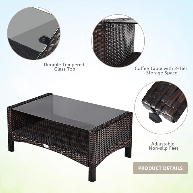 HAPPYGRILL 4-Piece Patio Furniture Outdoor Rattan Wicker Sofa Set with Cushions & Coffee Table with Tempered Glass Table Top and Storage Shelf