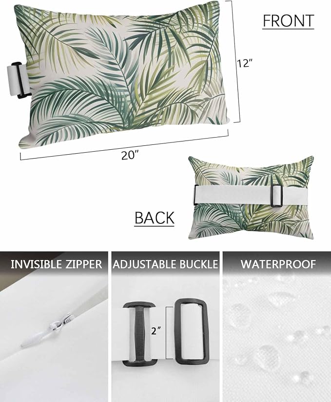Outdoor Lumbar Pillows with Strap & Insert Green Palm Leaves Recliner Head Pillow Pack of 2 Tropical Leaf Plant Waterproof Headrest Patio Lounge Chair Pillows for Beach Pool Office Chaise Chair 12x20