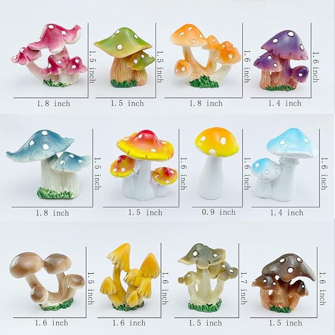 JKanruh 12 Pcs 1.5 to 1.8 Inch Resin Mushroom,Cute Mushrooms Fairy Garden Mushrooms Ornaments for Outdoor Decoration,Home Décor,Cake Decoration,DIY Bonsai Craft …