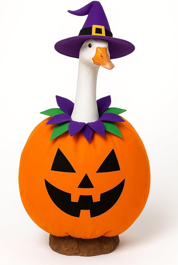 Halloween Porch Goose Outfit Pumpkin Goose Costume for Outdoor Decor | 23'' Plastic/Cement Statues, Patio Lawn Yard Party Decorations