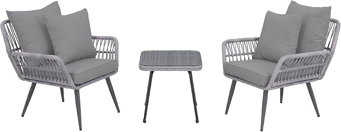Manhattan Comfort Cannes 3-Piece Patio Conversation Set, Outdoor Furniture | Includes Modern Cushioned Rope Wicker Chairs & End Table, Removable & Washable Cushions, Tempered Glass Tabletop, Grey