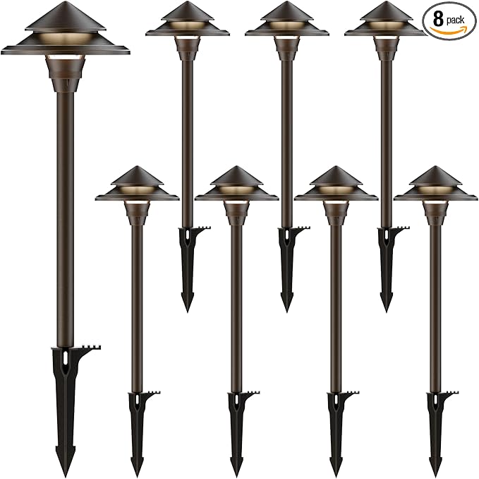 GOODSMANN Low Voltage Landscape Lighting 8PK LED Path Lights Oil Rubbed Bronze 4W 32 Lumen Hardwired 2 Tier Pagoda Landscape Pathway Lights 3000K Warm White Metal Stakes Cable Connectors