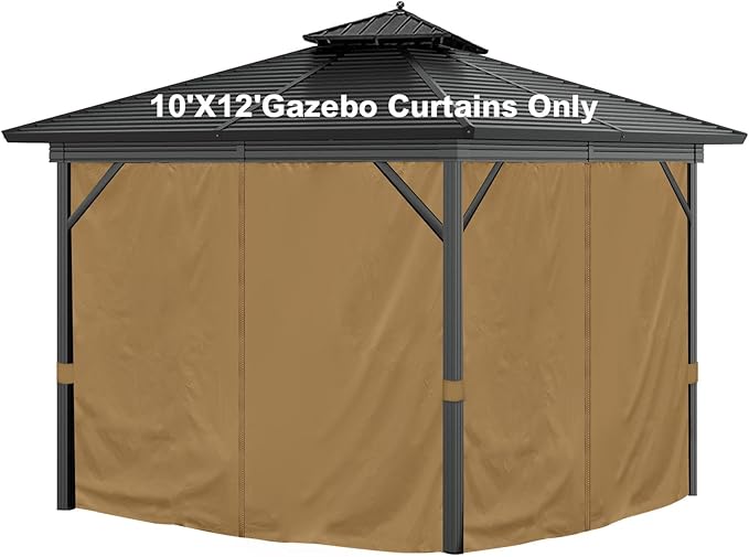 10'x12' Privacy Gazebo Curtains Outdoor Waterproof, 4-Panels Sidewall Curtains Universal Replacement with Zipper for Patio, Backyard, Garden (Only Curtains, Khaki)