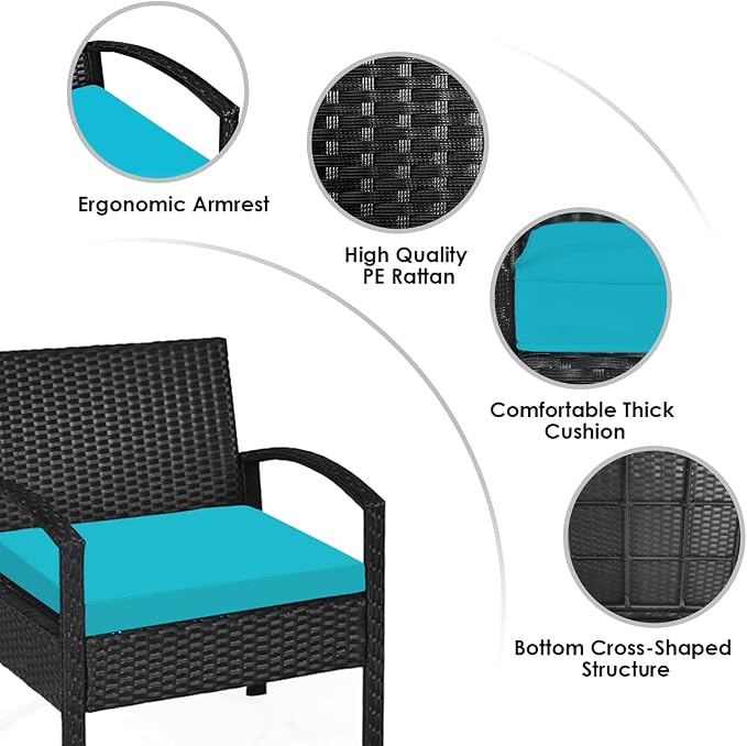 Hysache 3 Piece Patio Furniture Set, PE Rattan Conversation Set w/Washable & Removable Cushion, Coffee Table w/Storage Space, Wicker Sofa Set for Garden Poolside Balcony (Turquoise)