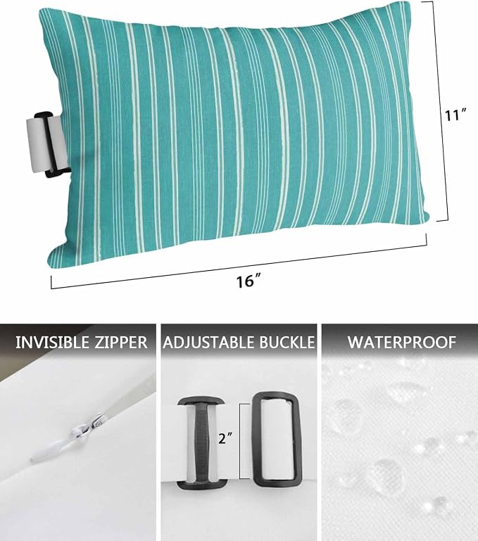 Pack of 4 Outdoor Lumbar Pillow Covers 11x16 Inch, Teal Striped Waterproof Throw Pillow Covers Set, Farmhouse Stripes Modern Vintage Indoor&Outdoor Decorative Cushion Cases for Patio Porch Car