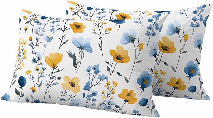 Watercolor Blue Outdoor Waterproof Throw Pillow Covers Set of 2, 20"x12", and Yellow Flower Leaves Spring Plant Decorative Pillow Covers Outside Cushion Case for Patio Porch Garden