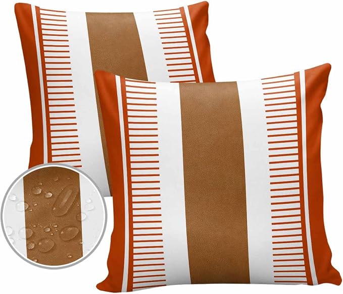 Outdoor Waterproof Throw Pillow Covers 24x24in, Boho Farmhouse Cushions for Garden Patio Furniture Chairs Set of 2, Modern Striped Textured Home Decor Couch Sofa Polyester Pillow Cases