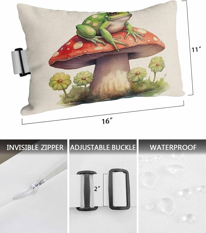 Chaise Lounge Head Resting Pillows,Frog Mushroom Watercolor Plant Leaves Linen Outdoor Chaise Pillows,Waterproof Patio Furniture Pillows with Insert and Adjustable Elastic Strap for Beach Chair
