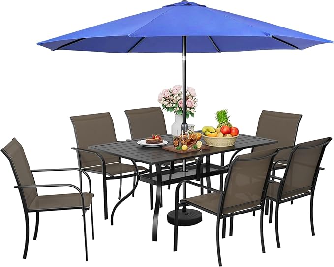 SUNCROWN 8 - Piece Outdoor Dining Set, Patio Furniture Set with 6 Textilene Dinning Chairs, 1 Rectangle Metal Table and 1 Dark Blue 9Ft Patio Umbrella for Lawn Garden Backyard Deck, Brown