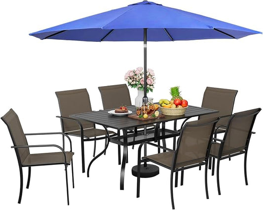 SUNCROWN 8 - Piece Outdoor Dining Set, Patio Furniture Set with 6 Textilene Dinning Chairs, 1 Rectangle Metal Table and 1 Dark Blue 9Ft Patio Umbrella for Lawn Garden Backyard Deck, Brown