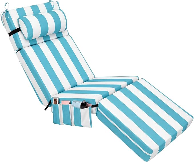 RattanView 1 Pcs Outdoor Chaise Lounge Cushion with Pillow and Side Pockets Waterproof Lounge Chair Cushion for Outdoor Furniture Patio Lounger Pad for Outside Pool Lawn (Sky Blue White,72 x 21 x 4)