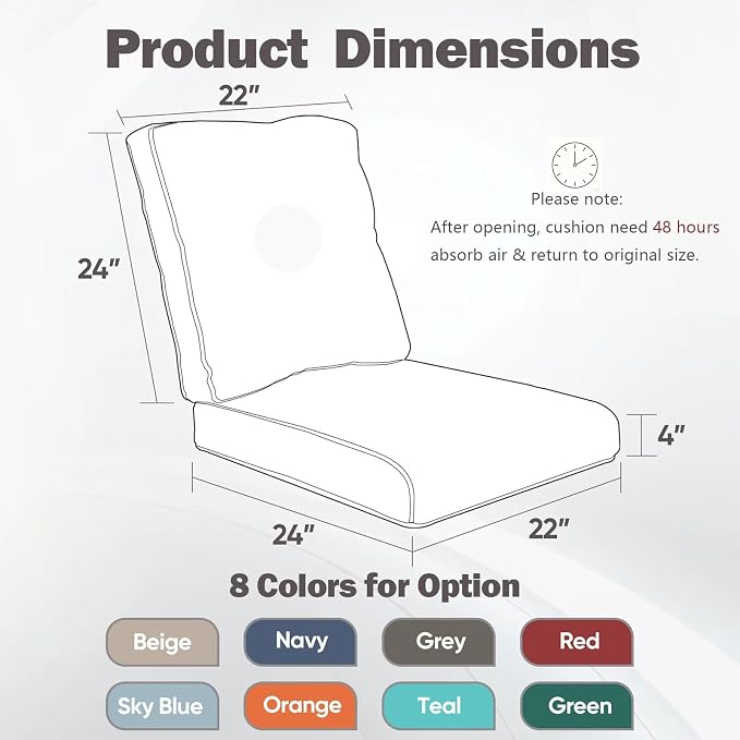 Luxury 22*24*4in Outdoor Patio Cushions, 1 Piece Grey Outdoor Cushion | Water-Resistant, Reversible, Removable Cover, Stain-Resistant, for Patio Chairs Sofa Couch Loveseat