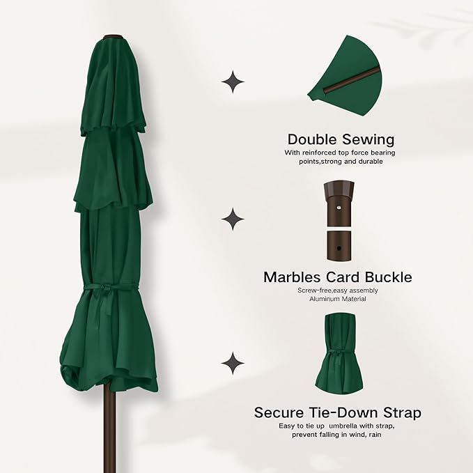 Kingdura 10ft 3-Tier Patio Umbrella with Solar Lights, Table Umbrella Outdoor Patio with Easy Crank & Tilt, 8 Sturdy Ribs, UV Protection, 32 LED Lights for Deck, Poolside, Market (Dark green)