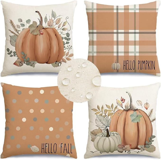 Fall Outdoor Pillow Covers Waterproof 18x18 Set of 4,Pumpkin Thanksgiving | Eucalyptus Autumn Fall Decorations for Home Porch,No Insert,Durable Polyester,Fit 18x18 inch Inserts or Smaller