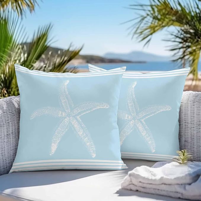 Coastal Starfish Outdoor Waterproof Throw Pillow Covers 24"x24" Set of 2, Ocean Starfish Summer Stripe Sky Blue Decorative Garden Pillowcase with Zipper Cushion Case for Patio Couch Tent