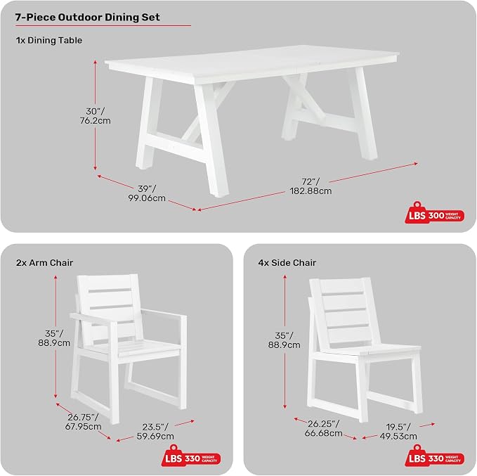 Costaelm Stinson 7-Piece Outdoor HDPE Patio Dining Table Set with Umbrella Hole & Dining Chairs for 6, White