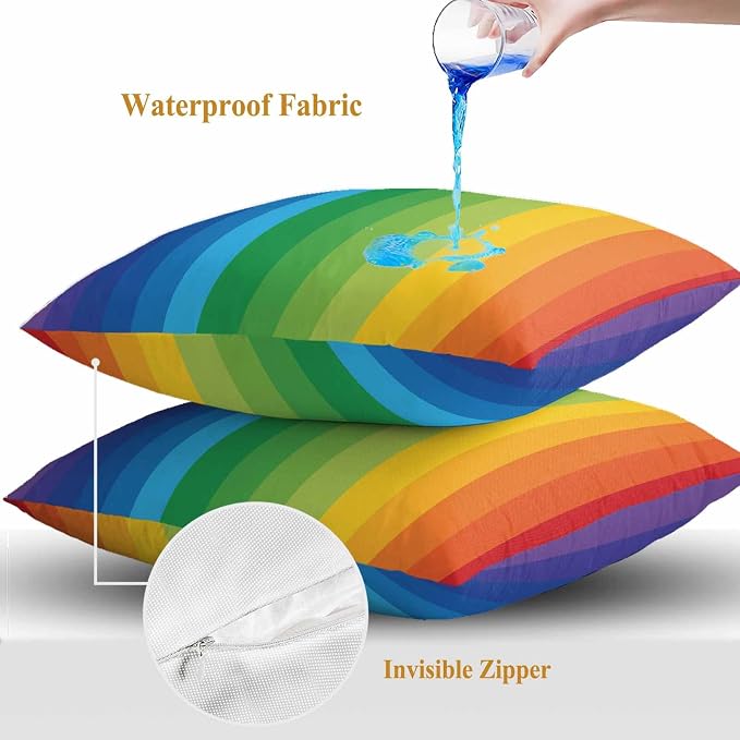 Outdoor Waterproof Throw Pillow Covers Set of 2 Rainbow Stripes Pillowcases 20x20 Inches Colorful Lines Striped Decorative Pillows Cushion Case Patio Pillows for Couch Bed Chair Garden