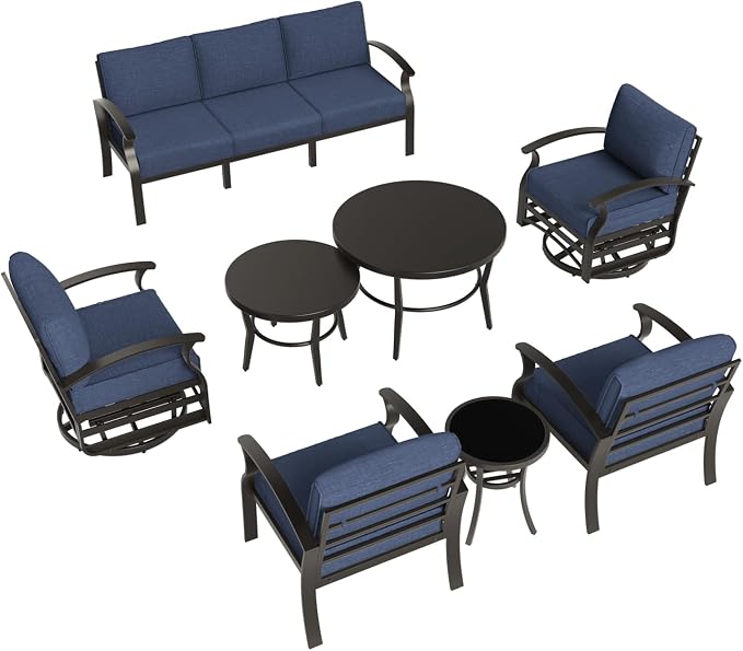 Aluminum Patio Furniture Set,7 Seats Outdoor Sectional with 2 Round Coffee Tables,Patio Conversation Sets w/5.1" Upgraded Thick Cushions for Backyard, Garden and Poolside,Navy