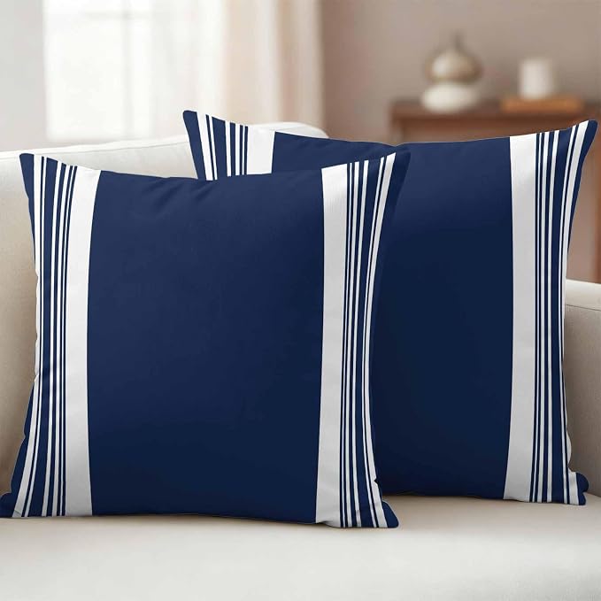 Farmhouse Navy Blue Outdoor Waterproof Throw Pillow Covers 18x18 Set of 2, Aesthetic Modern Line Striped Decorative Pillowcases Cushion Pillowcase for Couch Sofa Patio Outside Pillow Protector