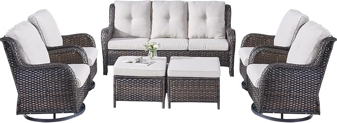 Rilyson Wicker Patio Furniture Set - 7 PC Rattan Outdoor Sectional Conversation Sets with 4 Swivel Rocking Chairs,2 Ottomans and 1 Sofa for Porch Deck Garden(Brown/Beige)