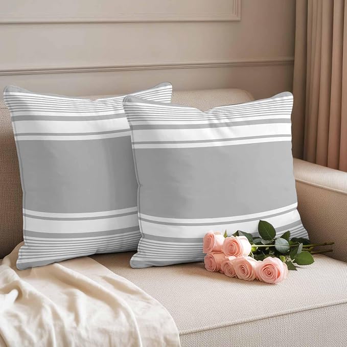 Vandarllin Outdoor Throw Pillows Covers 18x18 inch Set of 2 Waterproof Grey Stripes Decorative Zippered Cushion Covers for Patio Furniture, Striped Lines Lumbar Pillowcases