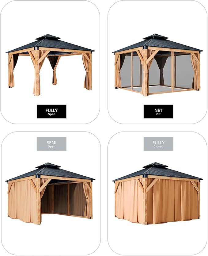 Hardtop Spruce Wood Gazebo 10'x10', with Double Roof of Metal Sheets, 4.7'' Heavy Duty Poles, Net, and Curtain, Permanent Building for Patio, Deck, Backyard, Lawn, and Garden, Khaki
