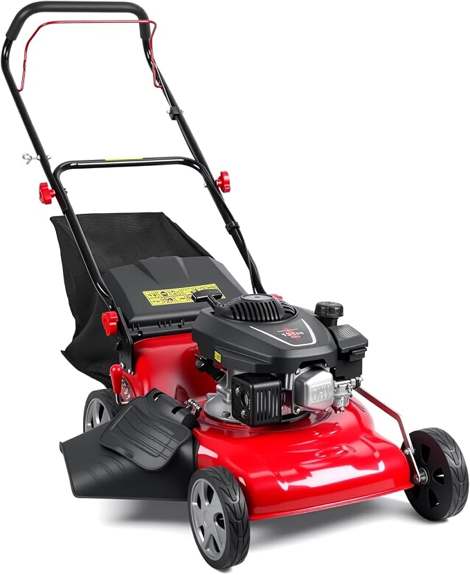 131CC Self-Propelled Gas Lawn Mower, 3 in 1 Gas Powered Lawn Mower with Mulching, Side Discharge & Rear Bag, Adjustable Cutting Height Push Lawn-Mowers for Yard Garde Red