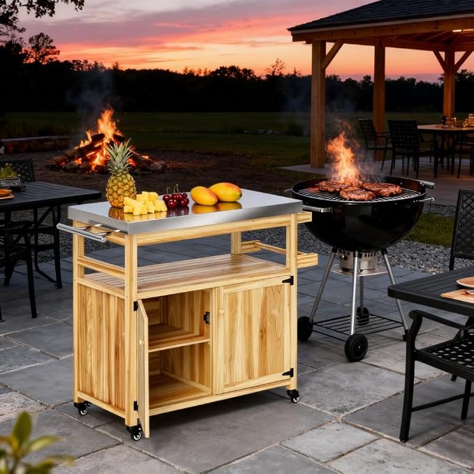 Outdoor Storage Cabinet and Grill Cart with Stainless Steel Top, Rolling Patio Kitchen Island for BBQ Tools and Pizza Oven, Solid Fir Wood Storage Box with Wheels, 43 x 20 x 36 Inches