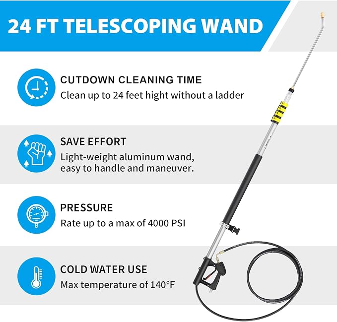 24 FT Power Washer Extension Wand with Turbo Nozzle & Brush Head | Telescoping Pressure Washer Extension Wand, Aluminum Solar Panel Cleaner Pole, 7 Nozzle Tips, 3 Adapters & Harness